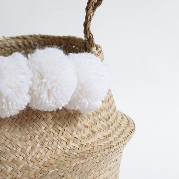 Pom Pom Seagrass Belly Basket White Elenfhant