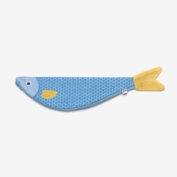 Fish-shaped blue pouch with yellow accents on a white background