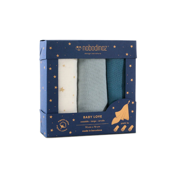 Nobodinoz Baby Love Swaddles 3 Pack - Blue