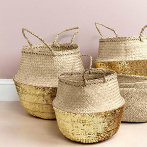 Gold Sequin Dipped Seagrass Basket – Natural