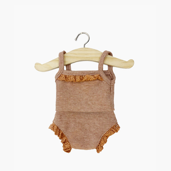 Minikane Les P'tits Basiques Ribbed Knit Girl's Underwear Set with Lace - Caramel Chiné