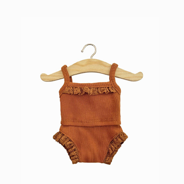 Minikane Les P'tits Basiques Ribbed Knit Girl's Underwear Set with Lace - Cognac