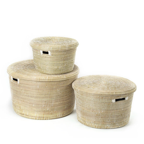 Hand Woven Flat Lidded Basket – White