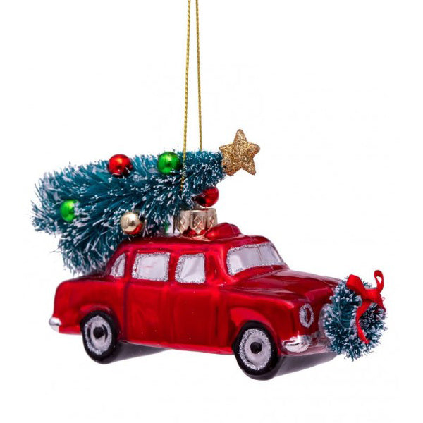 Vondels Glass Shaped Christmas Ornament - Red Car with Christmas